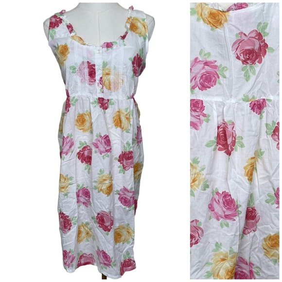 Laura Ashley Other - Vintage Laura Ashley Floral Cotton Nightgown L Pink Rose Lace Ruffle Cottage